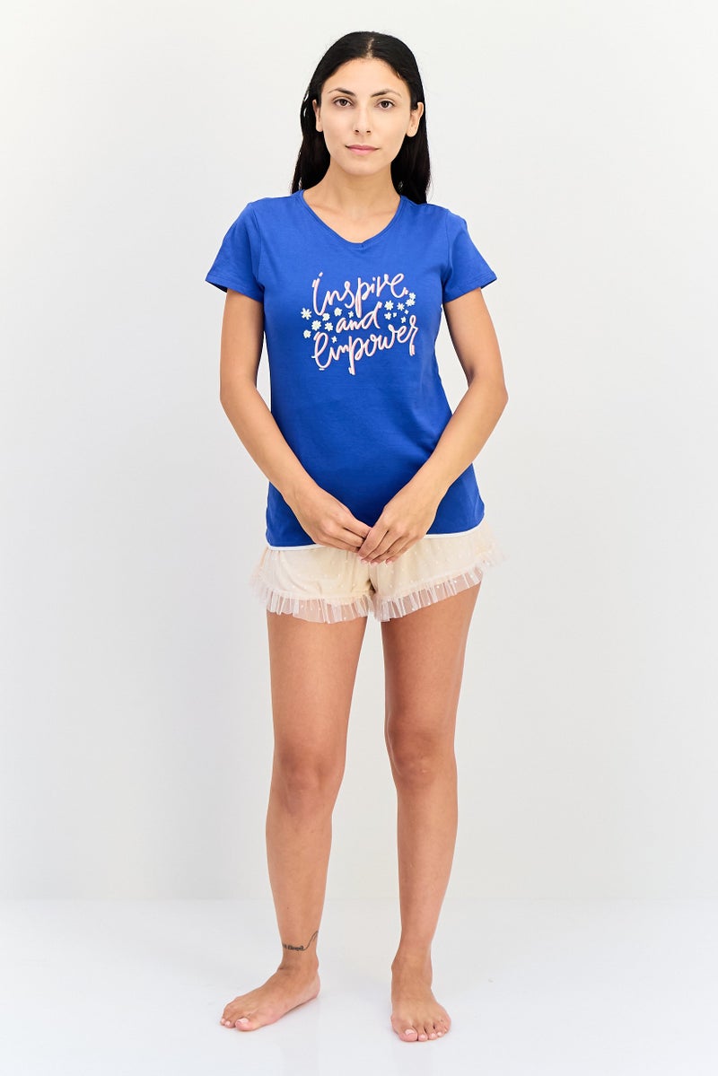 Zivame x Rosaline Women V Neck Graphic Print Short Sleeve Sleepwear, Blue - Image 3